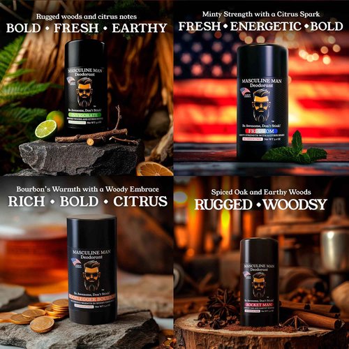 MASCULINE MAN Deodorant for Men - Aluminum Free Mens Deodorant - Travel Size Natural Deodorants - Sweat Protection for Underarm - Stain-Free Stick Deodorants - Made in USA, 3.2oz (Pack of 4, The Box)