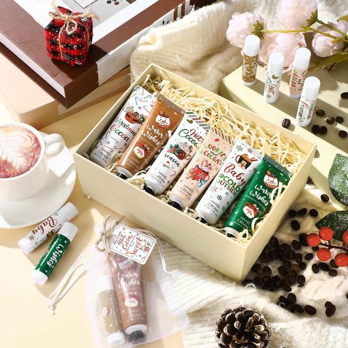 Demissle 24 Pcs Christmas Hot Cocoa Supplies Xmas Party Stuffers Christmas Stocking Favors Xmas Red Green Hand Cream and Lip Balm Gifts Set for Baby Shower Guests