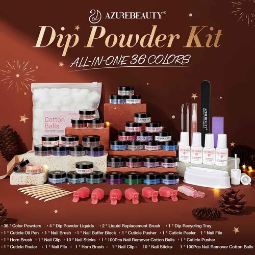 170Pcs Dip Powder Nail Kit, AZUREBEAUTY 36 Colors Brown Purple Christmas New Year Winter Dip Nail Powder Starter Set with Essential Liquid and Removal Accessories Set for French Nail Manicure Salon