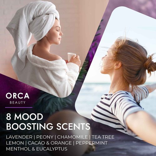 Orca Beauty 8-Pcs Shower Steamers Aromatherapy & Scented Candle - Birthday Self Care Relaxation Gifts for Women, Pampering Shower Bombs Aromatherapy, Spa Day Essentials, Christmas Purple Gift Bundle