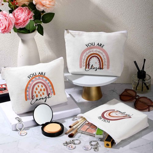 Sieral 20 Pcs Bulk Inspirational Gifts for Women Canvas Makeup Bags Cosmetic Bag Toiletry Pouch with Keychain Appreciation Return Gifts for Girls Employee Nurse Teacher Friend Birthday(Rainbow)