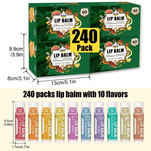 AZEN 240 Pack Lip Balm, Natural Lip Balm Bulk, Lip Care Product, Christmas Stocking Stuffers, Christmas Gifts for Women Girls - 10 Flavors