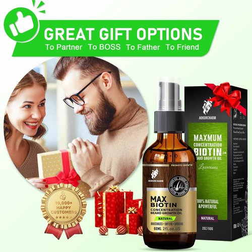 Beard Growth Oil for Men - Natural Biotin Beard Oil with Castor, Vitamin B5 & Grape Seed to Soften, Nourish & Thicken Facial Hair - Conditioning, Moisturizing Grooming Oil, 2oz Gift for Men, Unscented
