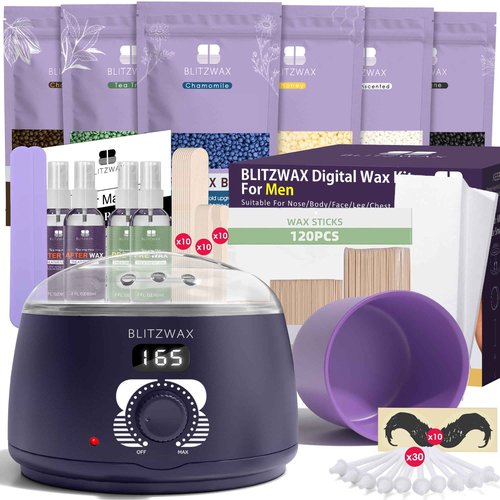 BLITZWAX Brazilian and Bikini Waxing Kit for Men With 120 Wooden Waxing Sticks and 30 Wax Papers, Hard Wax Warmer for Face, Legs, and Body, At Home Hair Removal Kit, Beginner Friendly