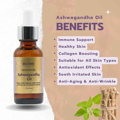 Belfiore Herbal Ashwagandha 100% Pure Natural Organic Oil, Immune Support, Healthy Skin, Collagen Boosting Anti Wrinkle, Vegan non-GMO, 1 ounce