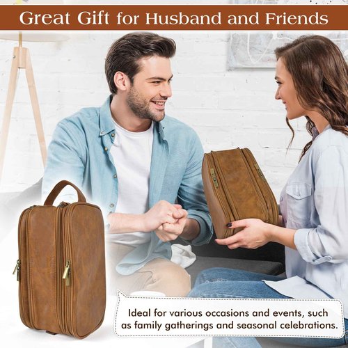RPBHY Premium Toiletry Bag for Men, Large Leather Dopp Kit Travel Organizer, Water-Resistant Shaving Bag for Business, Brown Gift for Him
