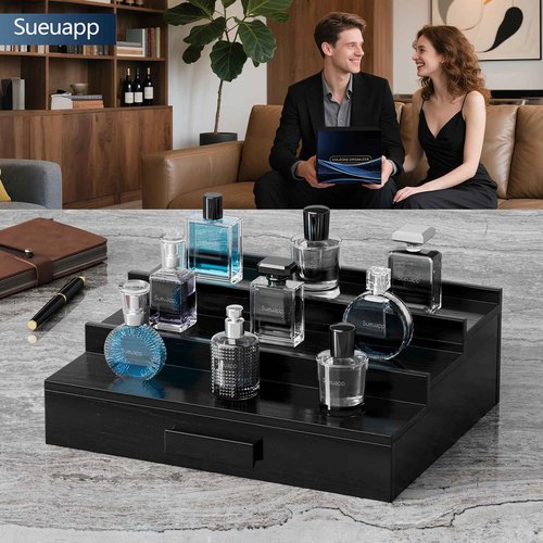 Sueuapp Walnut Wood Cologne Organizer for Men,3 Tier Cologne Stand,Cologne Shelf Display Holder,Perfume Stand Organizer with Hidden Compartment and Drawer,Great Gift for Men,Black