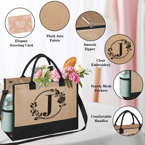 Personalized Gifts for Women, Initial Jute Tote Bag Beach Bag Makeup Bag, Monogrammed Birthday Gifts Tote Bag for Mom Women Her