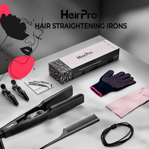 HeirPro Ceramic Flat Iron Hair Straightener with 3D Floating Plate,Hair Iron Straightener with 15 Temps for Thick Hair | Ergonomic Silicone Handle | LCD Display | Dual Voltage (1 1/2 in)
