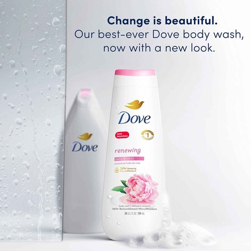 Dove Body Wash 4 Count Renewing Peony and Rose Oil and Body Scrub 3 Count Himalayan Salt & Rose Oil