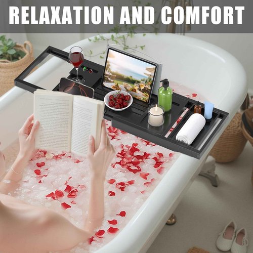 Foldable Bathtub Caddy Tray for Tub,Bamboo Expandable Bath Table Trays,Premium Bathroom Accessories for New Home & Mothers Day & Birthday Gifts for Couples,Black