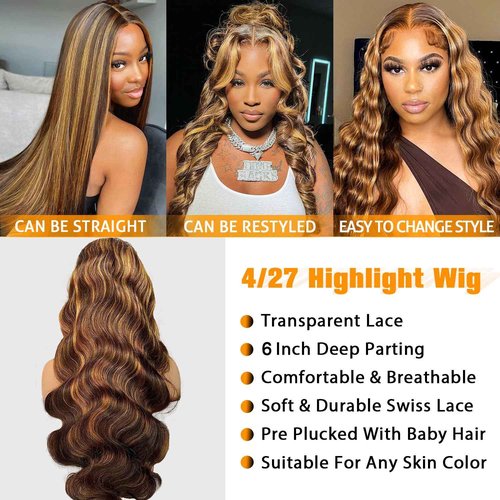 Lukymart Highlight Ombre Lace Front Wigs Human Hair 13x6 Body Wave Frontal Wigs Pre Plucked With Baby Hair 180% Density 4/27 Colored Honey Blonde Wig Human Hair for Women 24 Inch