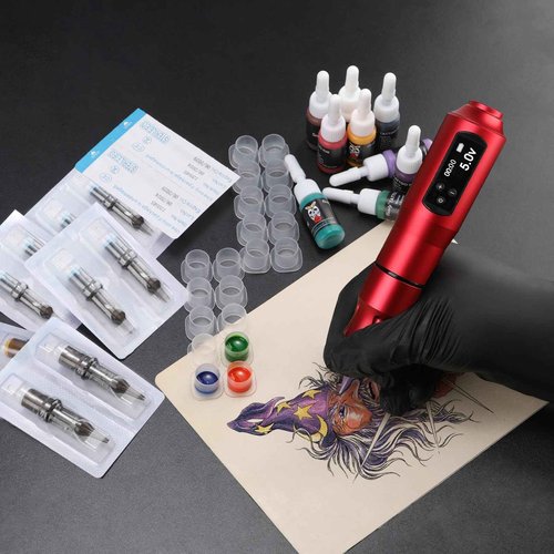 Complete Tattoo Gun Kit, 2Pcs Tattoo Pen Machine with 1600 mAh Tattoo Power Supply and 20Pcs Cartridge Needles, Professional Tattoo Supplies Set for Beginners and Artists (Red, 118 pcs)