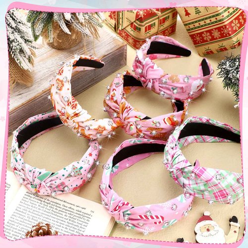 Jexine 6 Pcs Pink Christmas Knotted Headbands with Jeweled Rhinestones for Women Wide Snowflake Xmas Tree Headbands Candy Cane Cookies Gingerbread Hairbands Hair Accessories Party Supplies
