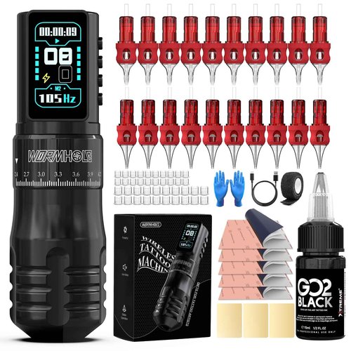 Wormhole Tattoo Gun Kit, Xtreme Tattoo Ink, Aluminum Alloy Wireless Tattoo Machine with 2300mAh Battery Adjustable Tattoo Pen Rotary Gun Kit Complete Professional Tattoo Kit for Artists - Black