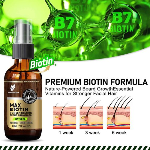 Beard Growth Oil for Men - Natural Biotin Beard Oil with Castor, Vitamin B5 & Grape Seed to Soften, Nourish & Thicken Facial Hair - Conditioning, Moisturizing Grooming Oil, 2oz Gift for Men, Unscented