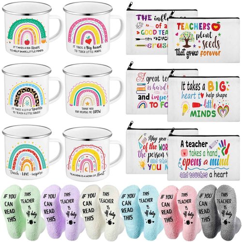Singhoow 18 Pcs Teacher Appreciation Gifts Set for Women, Christmas Thank You Gifts Makeup Bags Enamel Mugs Socks Bulk 2025 Present for Teacher's Day Merry Xmas Thanksgiving
