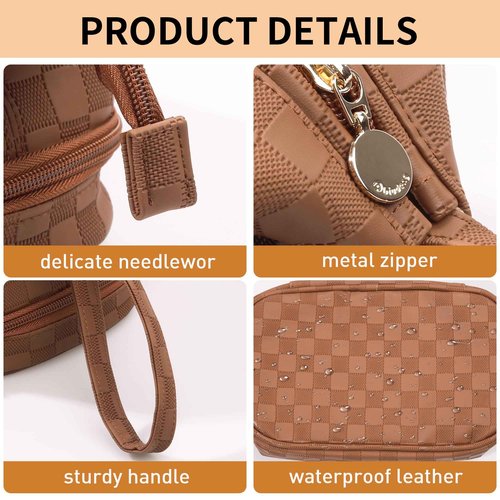 Abiudeng Large Makeup Bag for Women,Travel Makeup Organizer with Brush Holder, Dopp Kit Essentials,Waterproof Checkered Cosmetic Bag for Traveling,Multi Compartment,Cute,Spacious Capacity-Brown
