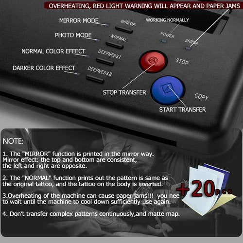 CORIEOSD Tattoo Transfer Stencil Machine with 20 Thermal Tattoo Kit Copier Printer Tattoo Transfer Stencil Paper Tattoo Stencil Printer Machine for Tattoos Black Version