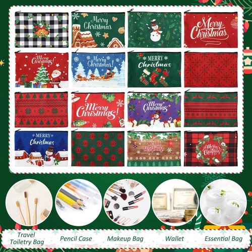 Kacctyen 16 Pcs Christmas Makeup Bag Gifts Bulk Cosmetic Bag with Zipper Santa Snowman Red and Green Travel Make up Pouch Portable Storage Pouch for Women Xmas Party Accessories(Christmas)