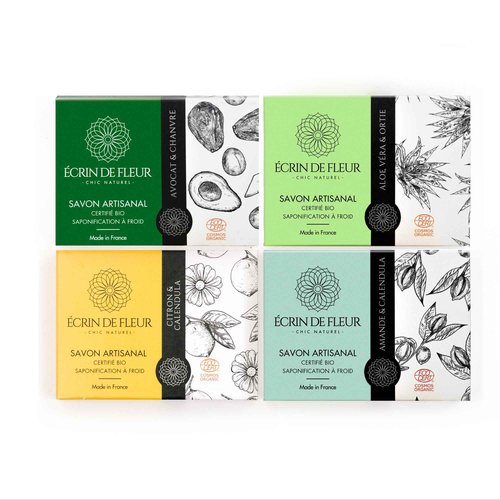 ÉCRIN DE FLEUR - Hand crafted Organic Soap 4-pack (Aloe Vera & Nettle 3.2 oz, Avocado & Hemp 3.2 oz, Almond & Calendula 3.2 oz, Lemon & Calendula Flowers3.2 oz)