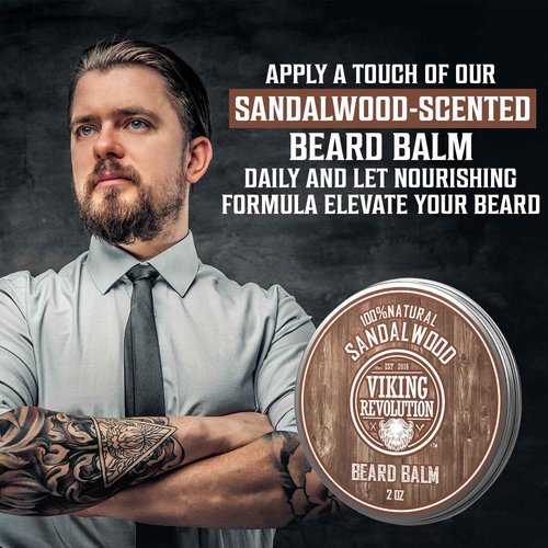 Viking Revolution Sandalwood Beard Wash and Beard Conditioner for Men (17 Oz each), Sandalwood Beard Balm (2 Oz) and Beard Oil (1 Fl Oz) - Beard Care Softener and Strengthener