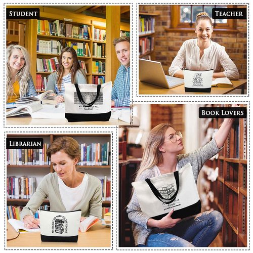Locmeo 12 Pcs Book Club Gifts Book Tote Bag for Book Lovers Reading Quote Tote Bag Makeup Bag Reusable Cosmetic Bag with Metal Zipper Bookish Librarian Gifts for Women
