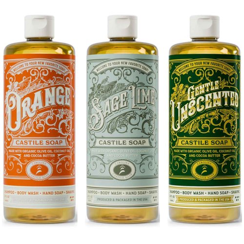 Carolina Castile Soap Carolina Orange, Unscented and Sage Lime Castile Soap Liquid - 32 oz Vegan & Pure Organic Concentrated Non Drying All Natural Formula Body Wash & Shampoo