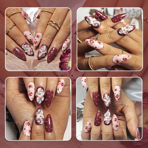 Handmade Press On Nails Almond, Burgundy Press On Nails Medium, 3D Flower Nails For Women Gift, Reusable Stick On Fake Nails Kit With Nail Glue(3D Burgundy Flower-L)