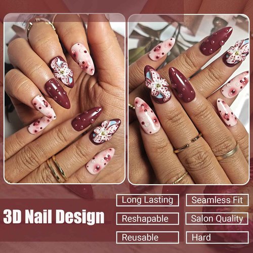 Handmade Press On Nails Almond, Burgundy Press On Nails Medium, 3D Flower Nails For Women Gift, Reusable Stick On Fake Nails Kit With Nail Glue(3D Burgundy Flower-L)