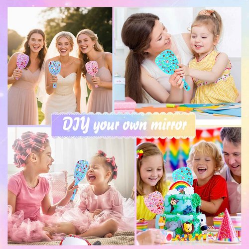 IWOLOMI 16 Pcs Small Handheld Hand Mirror with Handle Mini Handheld Princess Mirror with Gems Stickers for DIY Crafts Travel Makeup Classroom Camping Daily Quinceanera Party Favors 3. 15 x 7. 09 Inch