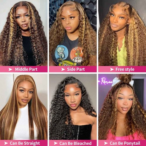 VNFM Honey Blonde Ombre Lace Front Wig Human Hair 13x6 HD Highlight Deep Wave Lace Front Wigs Human Hair Pre Plucked 200% Density 4/27 Colored Curly Frontal Wigs for Women 24 Inch