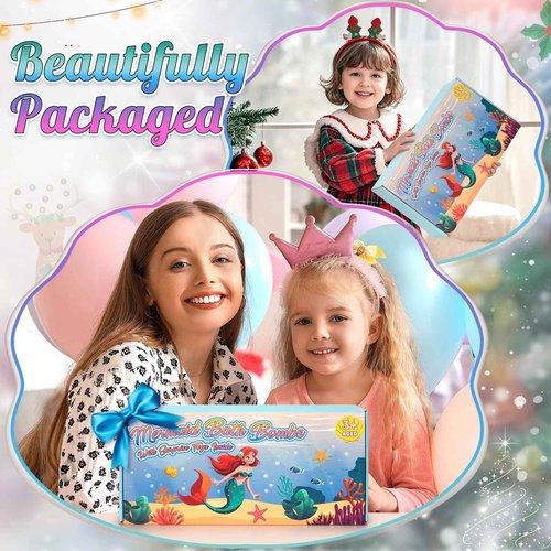 Mermaid Bath Bombs for Kids with Surprise Toys Inside, 8 Pcs Organic Natural Bubble Bath Bombs for Girls,Christmas Birthday Gift for 3 4 5 6 7 8 Year Old Girl,Princess Bath Bomb Kit with Mermaid Toys