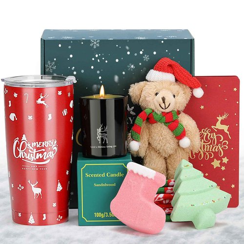 7Pcs Set for Women: Xmas Tumbler Holiday Gifts Basket, Relaxing Spa Gift Ideas for Mom, Grandma, Sister, Wife, Teacher, Friend