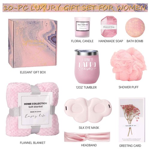 Mother's Day Gifts for Mom Wife Grandma, Get Well Soon Self Care Gifts with Flannel Blanket, Spa Gift Basket Relaxing Rose Care Package, Birthday Valentines Gifts for Women Friends Sis - KUKUPAK