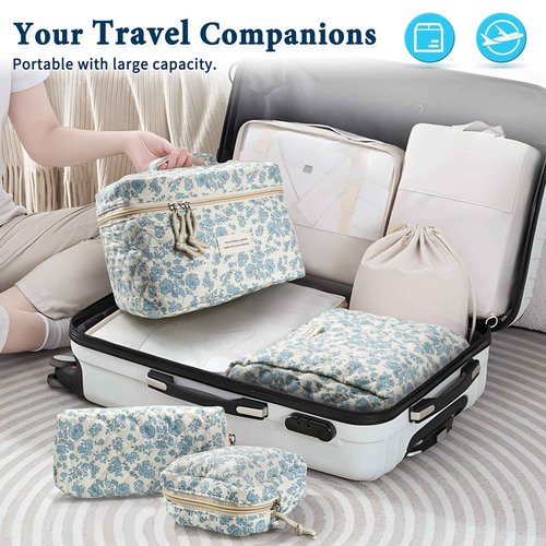 NATINSA Cute Makeup Bag for Women(2 Pcs), Travel Cosmetic Bags, Quilted Coquette Aesthetic Floral Toiletry Organizer Bag (46 - Sky Blue/4Pcs)