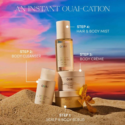 OUAI St. Barts Travel Bundle - Includes Scalp & Body Scrub, Foaming Body Cleanser, and Hydrating Body Cream - Travel Size Hair & Body Care (3 Count, 3.4 Oz/3.4 Oz/3 Oz)