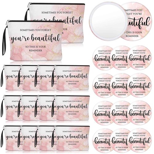 Beeveer 20 Sets Pink Thank You Gifts for Women, Makeup Bags and Compact Mirrors, Christmas Inspirational Gifts for Teacher Employee, Sometimes You Forget You're Beautiful Set for Holiday, Thanksgiving
