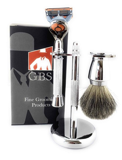 G.B.S Chrome Shaving Set for Men 5 Blade Chrome Razor- Flex ball Handle Razor with Flex ball Pivot Ball technology, Shaving Brush, Chrome Razor Stand Grooming Set 3 PCS