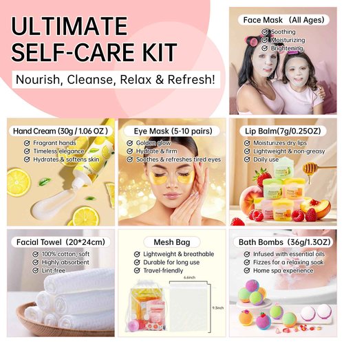 70-Piece Spa Party Kit for 10 People, Girls Spa Night Set & Spa Kit for Girls Ages 10-12 | Includes Bath Bomb, Face/Eye Mask, Lip Balm, Hand Cream, Towe, Gift Bag | Spa Day (Spa Set 10 people-70pcs)