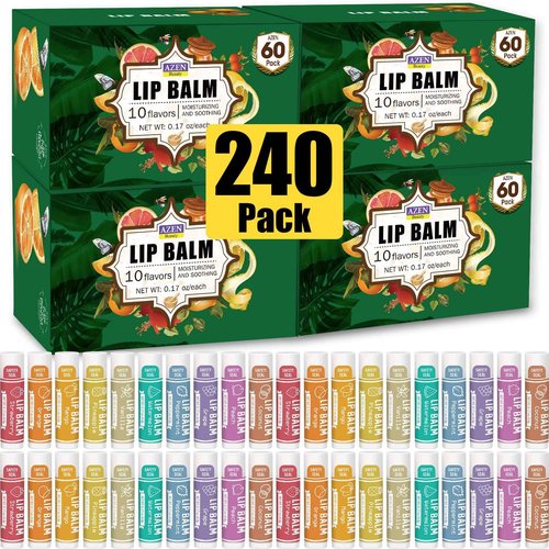 AZEN 240 Pack Lip Balm, Natural Lip Balm Bulk, Lip Care Product, Christmas Stocking Stuffers, Christmas Gifts for Women Girls - 10 Flavors