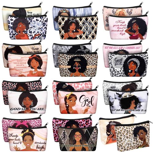 Talltalk 24 Pcs Makeup Bag Toiletry Canvas Zipper Makeup Bags Housekeeping Appreciation Gifts Cosmetic Pouch Reusable Multipurpose Organizer(Black,African Women)
