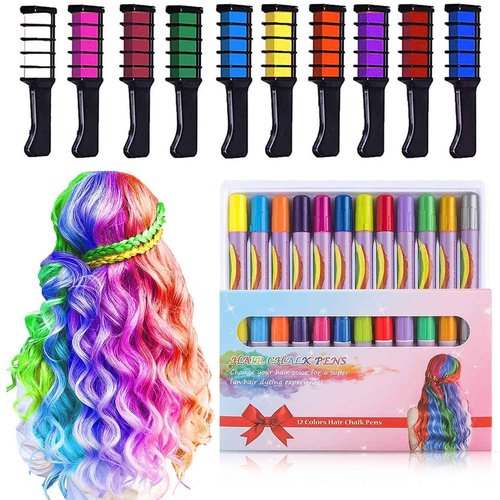 MSDADA Bundle, 10pc Hair Chalk Comb & 12pc Hair Chalk, Temporary Bright Hair Color for Girls Kids, Gift for Girls Age 4 5 6 7 8 9 10 Birthday Cosplay Children's Day, Halloween, Christmas Party