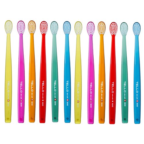 TELLO 4480 Adult or Child Ultra Soft Toothbrush with Smaller Head for Gentle Cleaning with Ergonomic Handle, Made in Switzerland, Colors Vary, 12-Pack