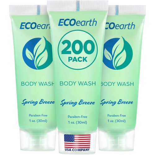 EcoEarth Travel Size Body Wash (1 fl oz, 200 PK, Spring Breeze), Delight Your Guests with a Revitalizing and Refreshing Hotel Body Wash, Quality Mini and Small Size Guest Hotel Toiletries in Bulk