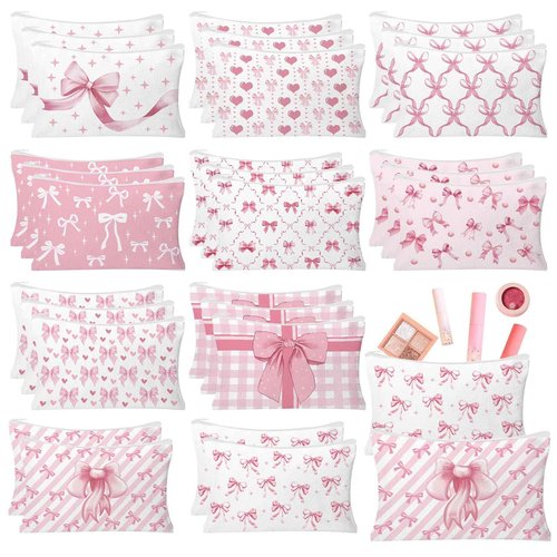 HSDSH 30pcs Pink Bow Makeup Bag Coquette Cosmetic Bags for Women Elegant Bow Preppy Pink Pouch Travel Toiletry Bag Bow Themed Gifts for Women Teens Teen Girls