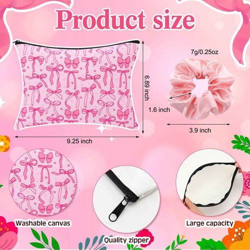 Reallnaive 18 Pcs Pink Bow Glass Cups with Lids Coquette Bow Cosmetic Makeup Bag Pink Hair Scrunchies Ties for Women Birthday Wedding Gift Bridesmaid Bridal Valentines Christmas