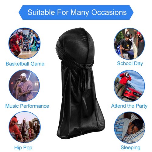 12PCS Silky Durags for Men Women Waves, Satin Do Rags Pack Headwraps Skull Caps with Long Tail and Wide Straps(Black)