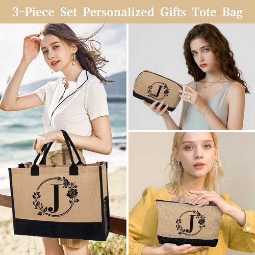 Personalized Gifts for Women, Initial Jute Tote Bag Beach Bag Makeup Bag, Monogrammed Birthday Gifts Tote Bag for Mom Women Her