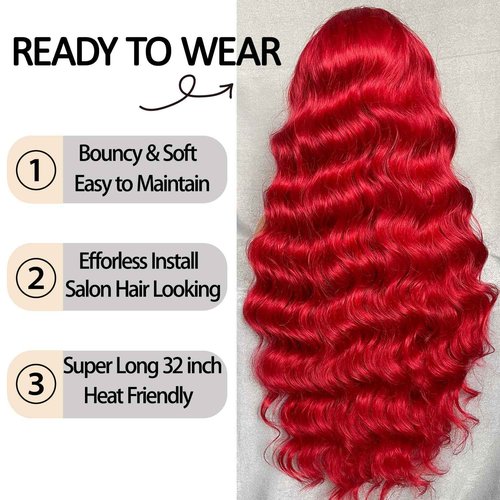 SOKU Red 13x6 Lace Frontal Wig 32 Inch Long Body Wave Pre Plucked with Baby Hair Glueless Transparent Swiss Lace Heat Resistant Synthetic Lace Front Wigs for Women Christmas Gift